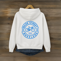 Artic white and bright blue hoodie